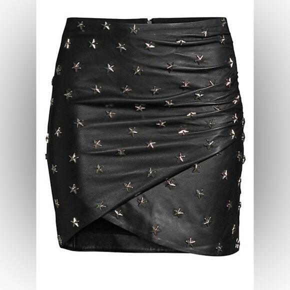 Alice + Olivia Fidela Black Silver Stars Stud Drape 100% Leather Mini Skirt 0 - Picture 9 of 9